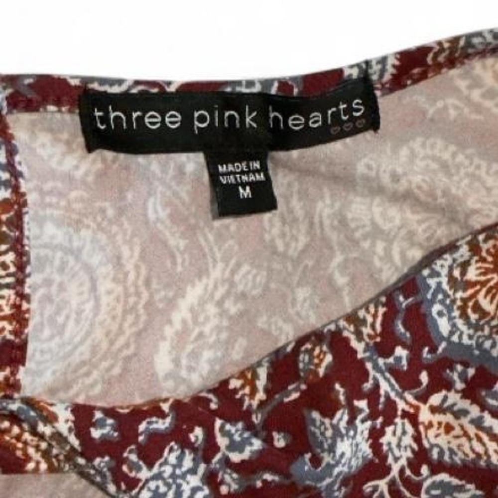 Three Pink Hearts Dress Women M Burgundy Excellent Boho Medallion Keyhole Mini - Picture 3 of 8